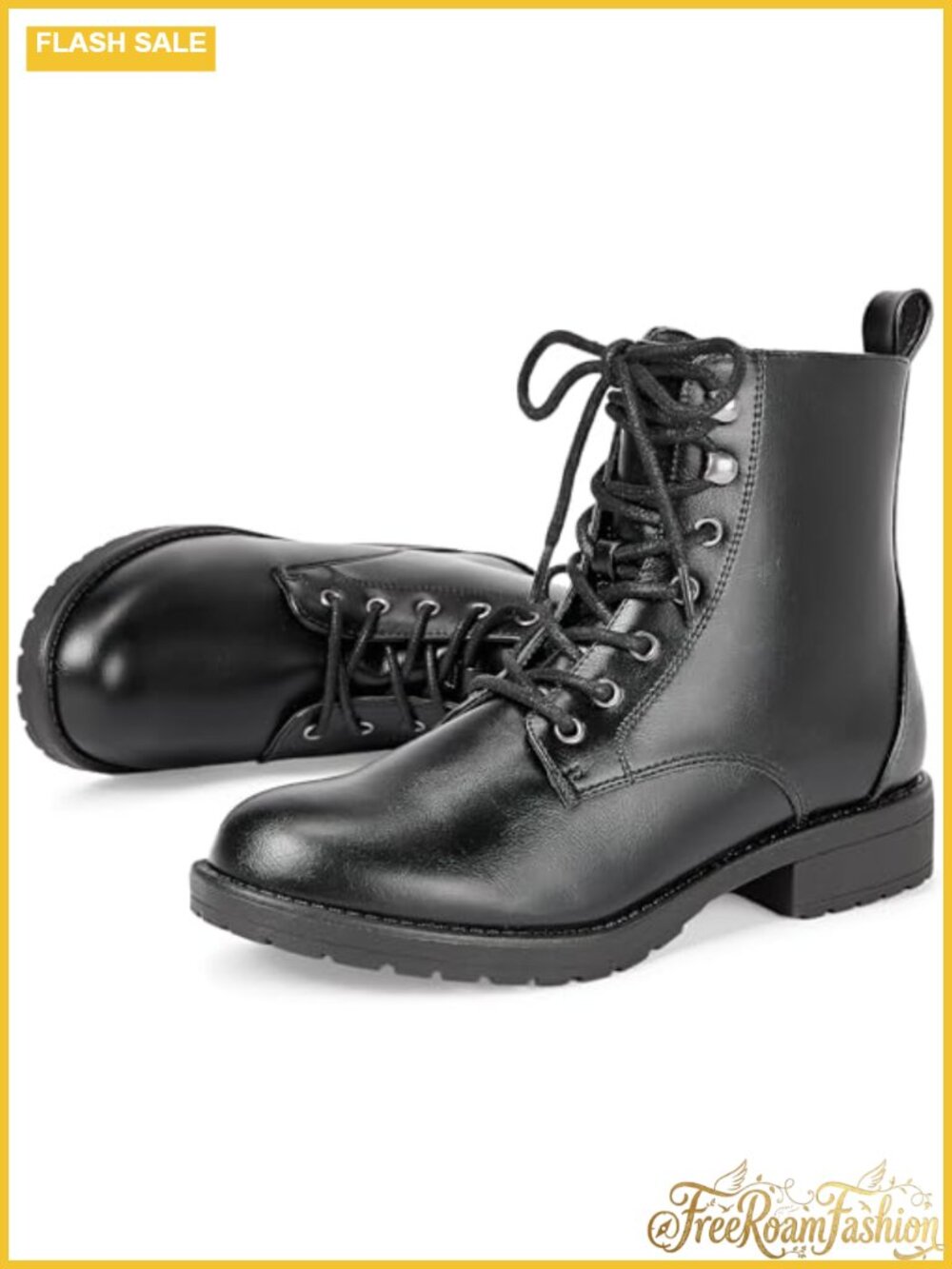 Women's Faux Leather Combat Ankle Boots Lace-Up Side Zipper Low Heel